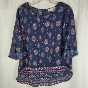 Pink Rose Navy Abstract Floral Roll Tab Sleeve Tunic Blouse Top Size Medium